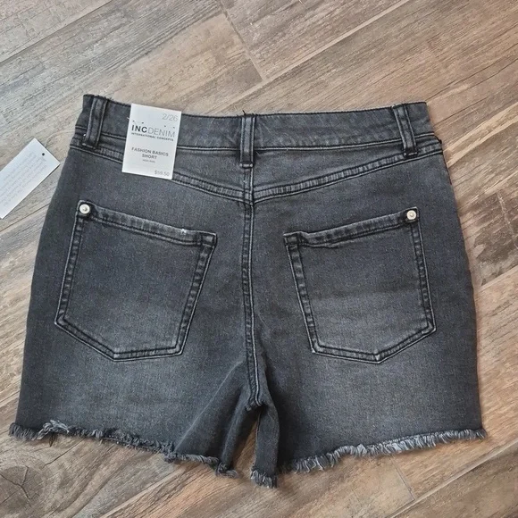 INC Denim Black Distressed High Rise Embroidery Detail Denim Jean Shorts, Size 2 - Picture 2 of 16